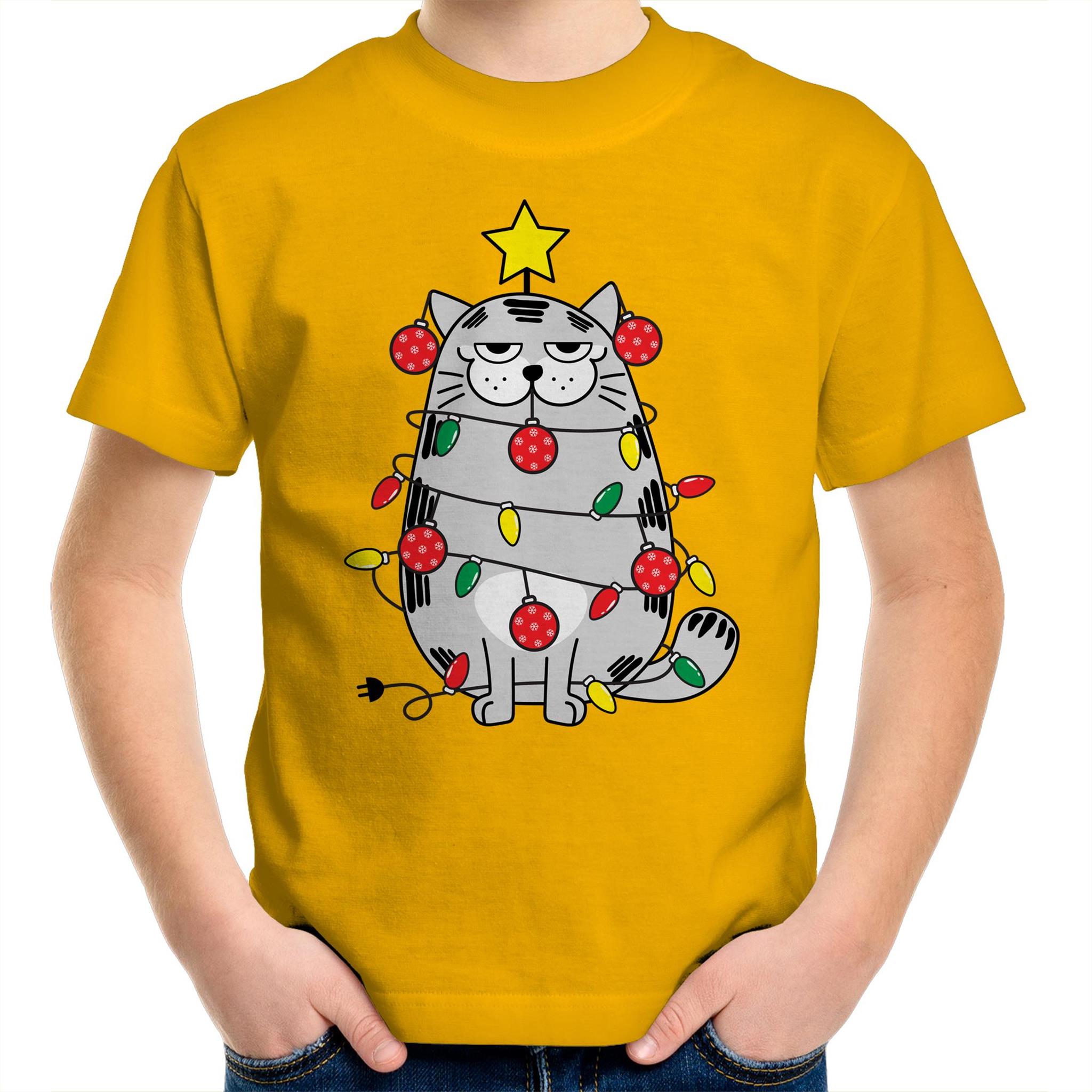 Christmas Cat - Kids Youth T-Shirt Gold Kids Christmas T-shirt Christmas Printed In Australia