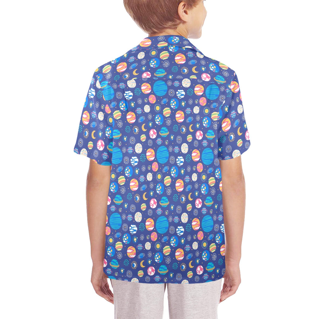 Planets On Blue Senior Kids Hawaiian Shirt