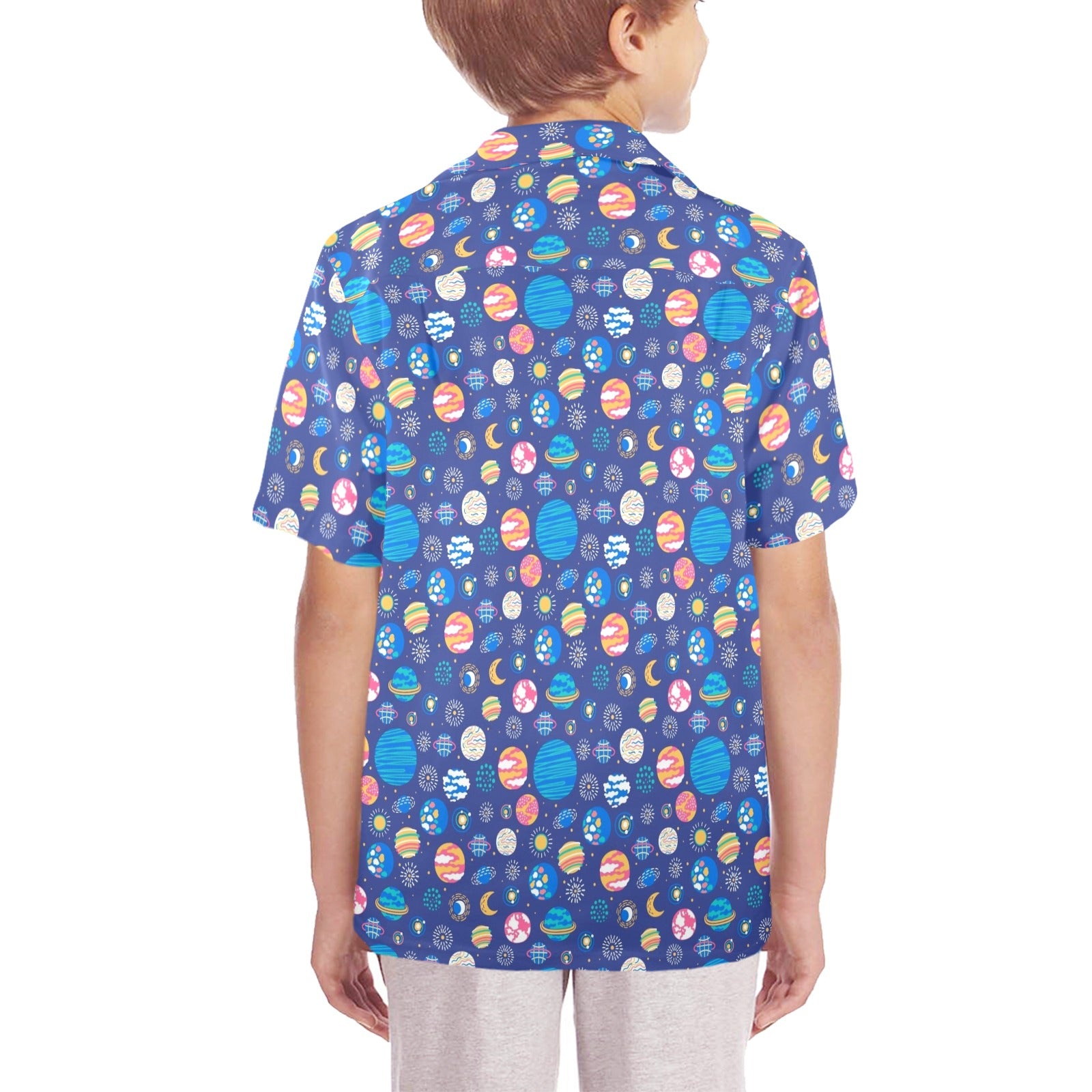 Planets On Blue Senior Kids Hawaiian Shirt