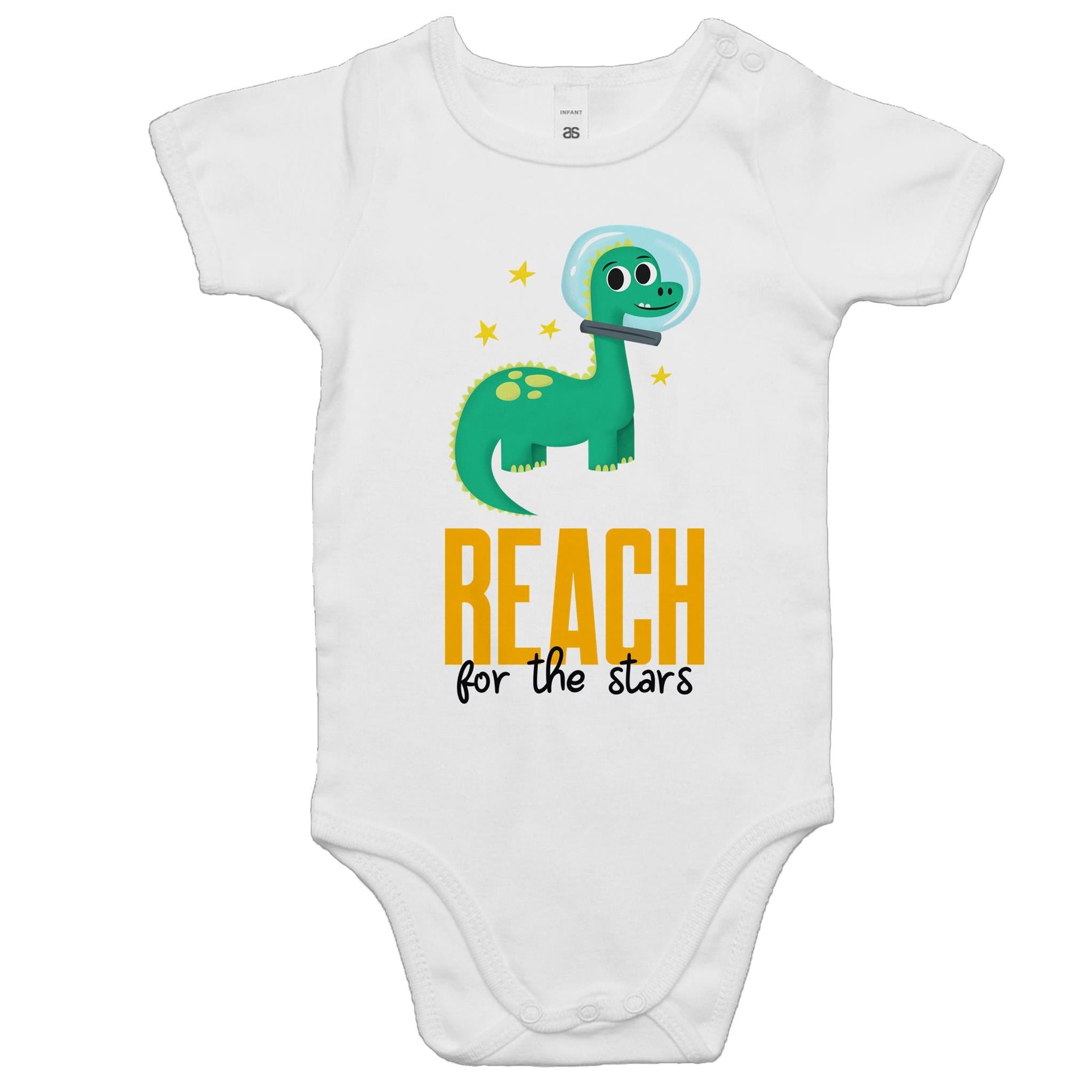 Dinosaur Astronaut, Reach For The Stars - Baby Bodysuit White Baby Bodysuit Printed In Australia