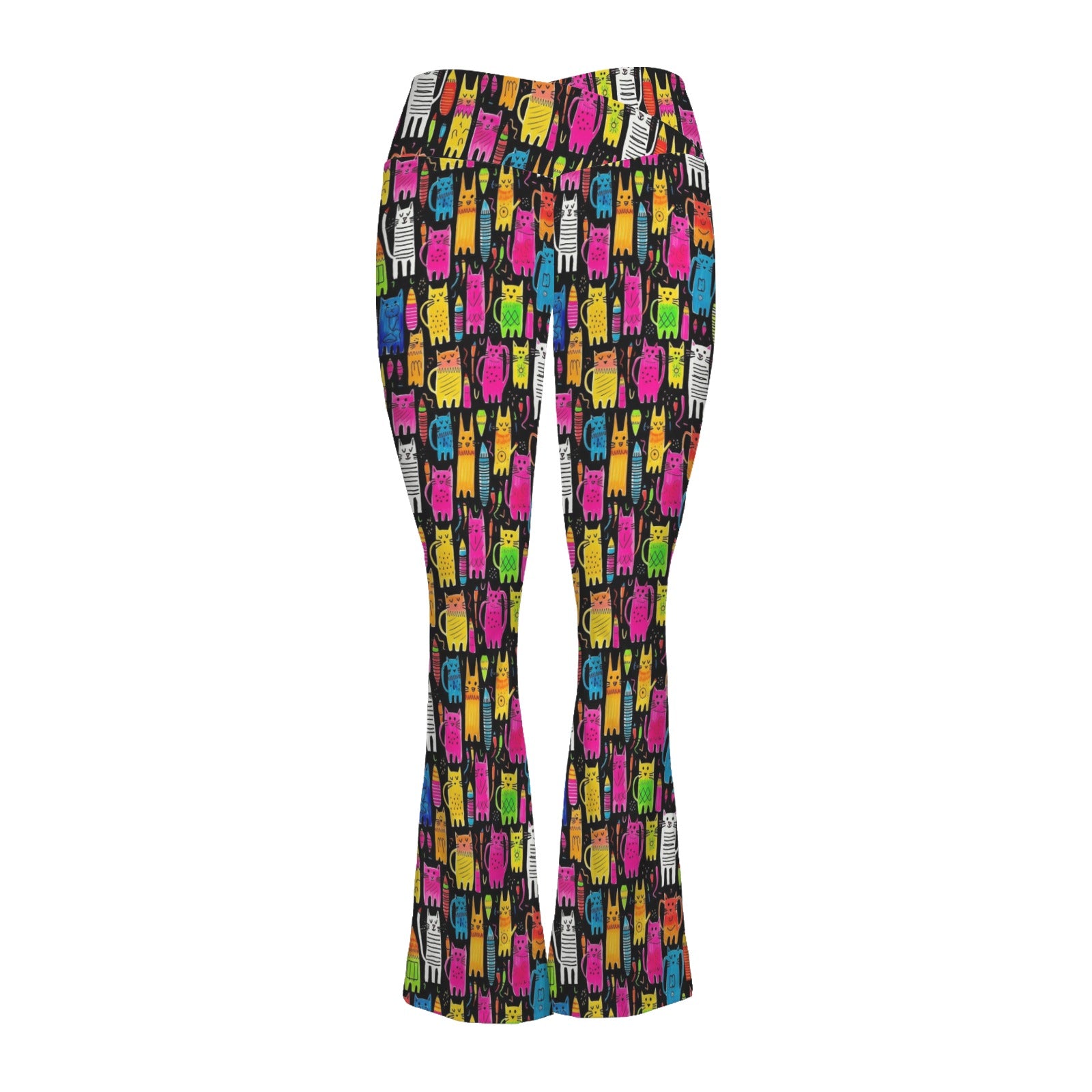 Colourful Cats High Waist Crossover Tummy Control Flare Leggings High Waist Flare Leggings animal Printed Offshore