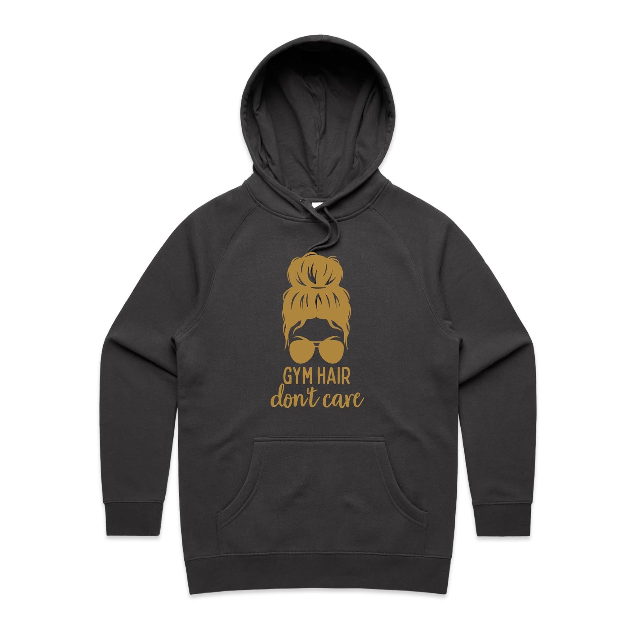 Gym Hair, Don't Care - Womens Hoodie Coal Womens Hoodie Fitness Printed In Australia