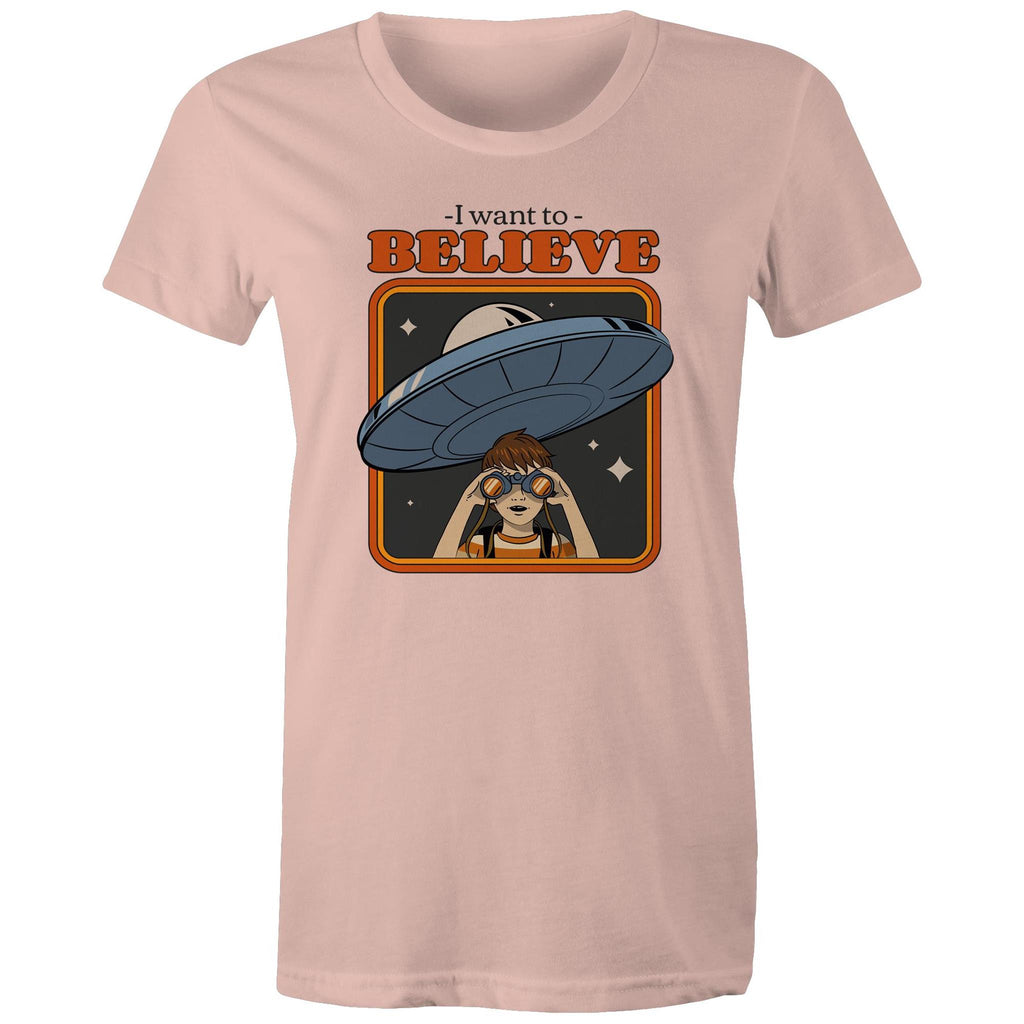 I Want To Believe, UFO - Womens T-shirt Pale Pink Womens T-shirt Printed In Australia Sci Fi