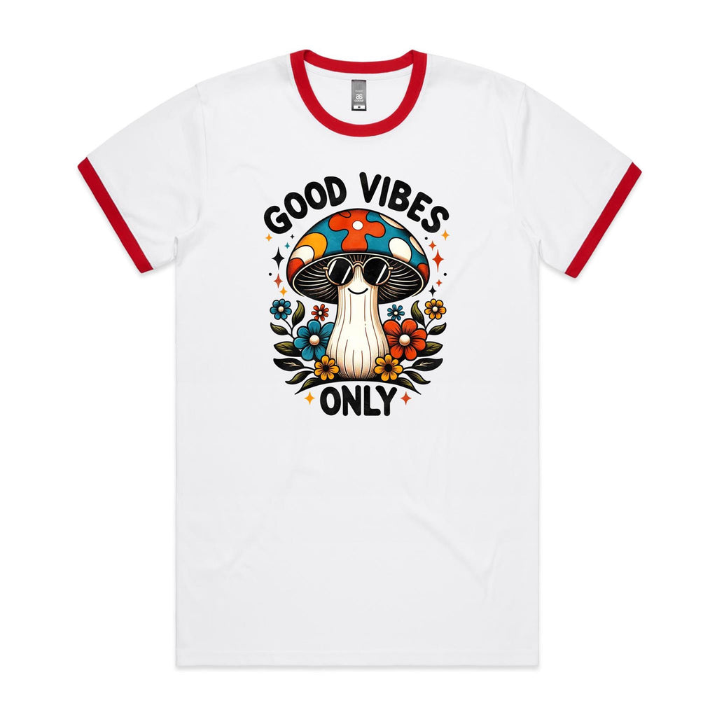 Good Vibes Only, Hippie Mushroom With Sunglasses - Staple Ringer Tee