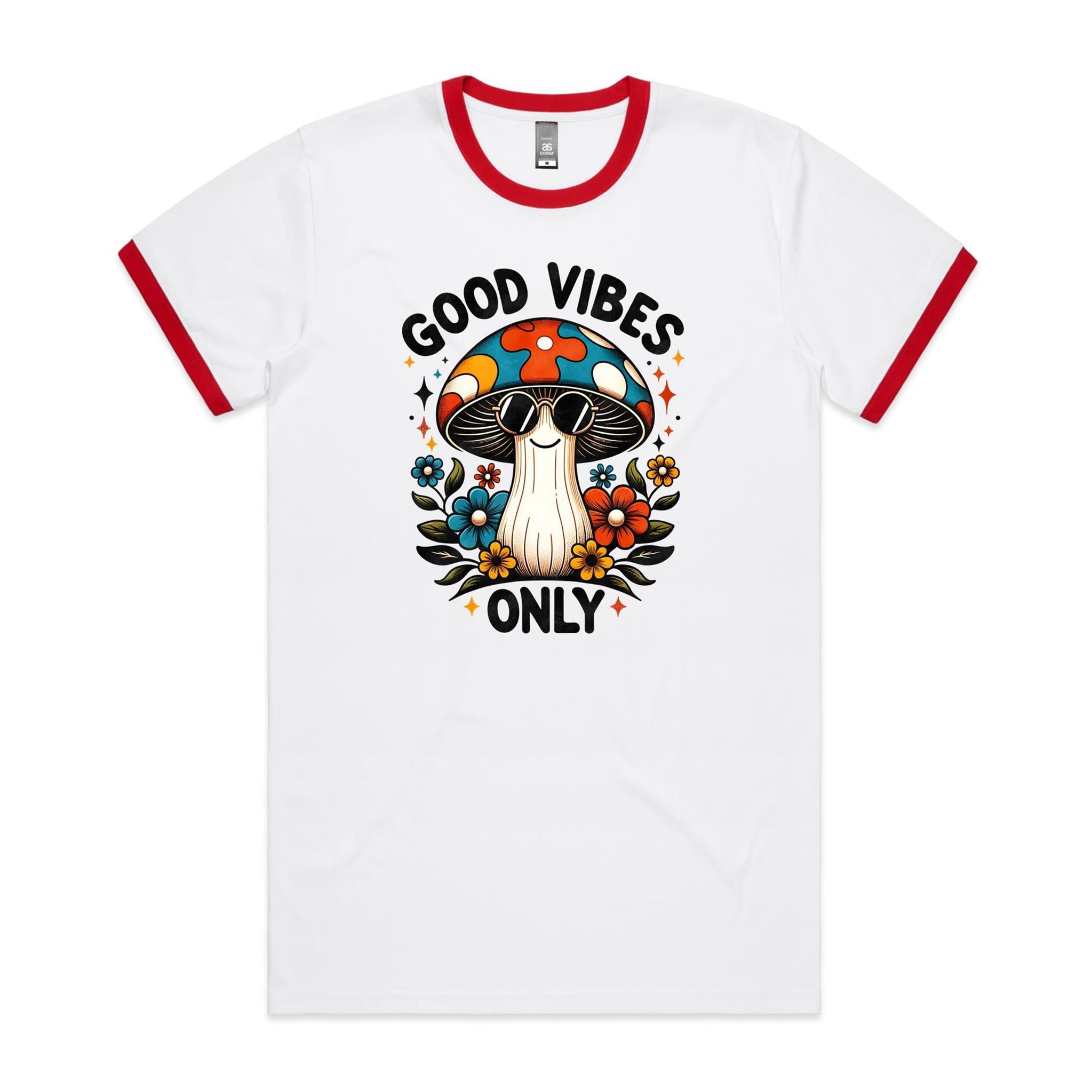 Good Vibes Only, Hippie Mushroom With Sunglasses - Staple Ringer Tee