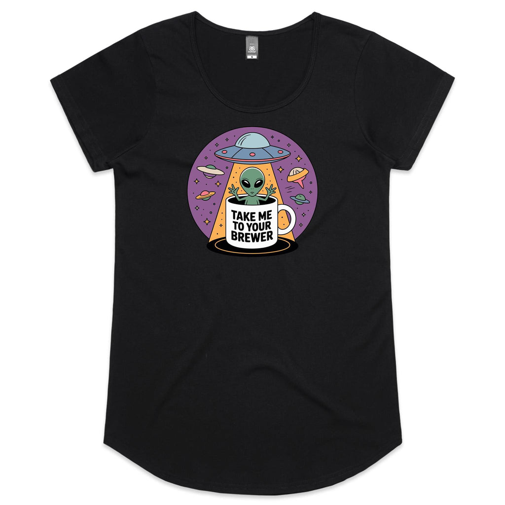 Coffee, Alien, UFO, Take Me To Your Brewer Women's AS Colour Scoop Neck T-Shirt Black Womens Scoop Neck T-shirt Coffee Printed In Australia Sci Fi