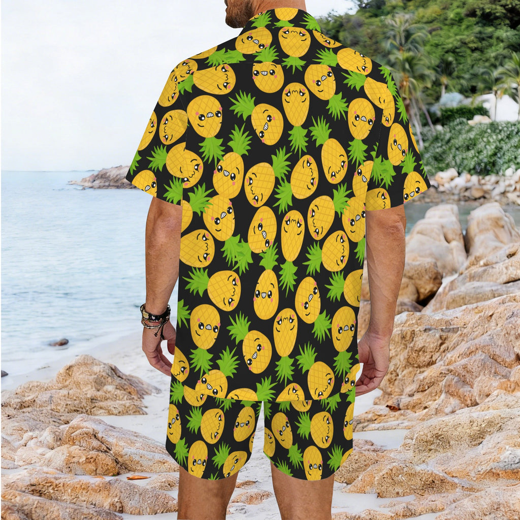 Cool Pineapples Men's Hawaiian Shirt & Shorts Set Men's Hawaiian Shirt & Shorts Set Food Printed Offshore