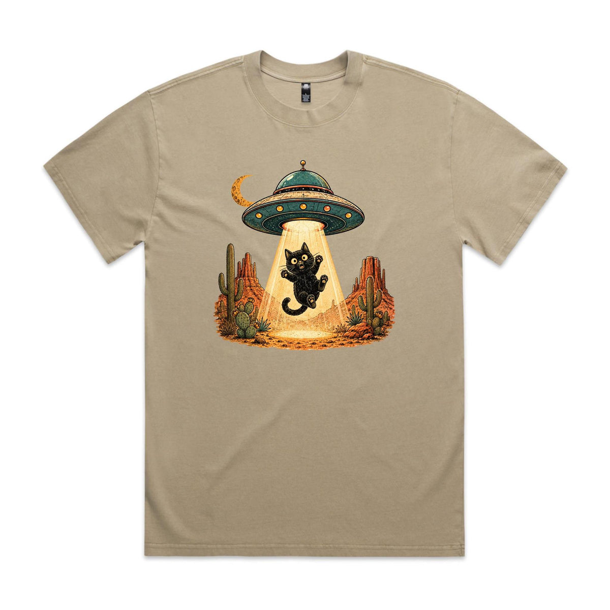 Black Cat Alien UFO Abduction AS Colour Heavy Faded Tee Faded khaki Heavy Faded T-shirt animal Printed In Australia Sci Fi