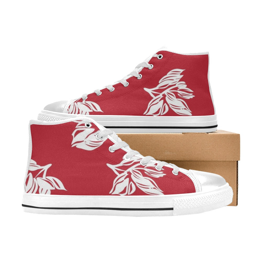 Red Retro Foliage, Hawaiian Flower - Men's High Top Canvas Shoes