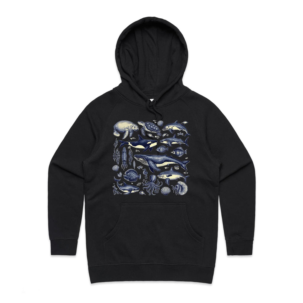 Sea Creatures - Womens Hoodie Black Womens Hoodie animal Printed In Australia
