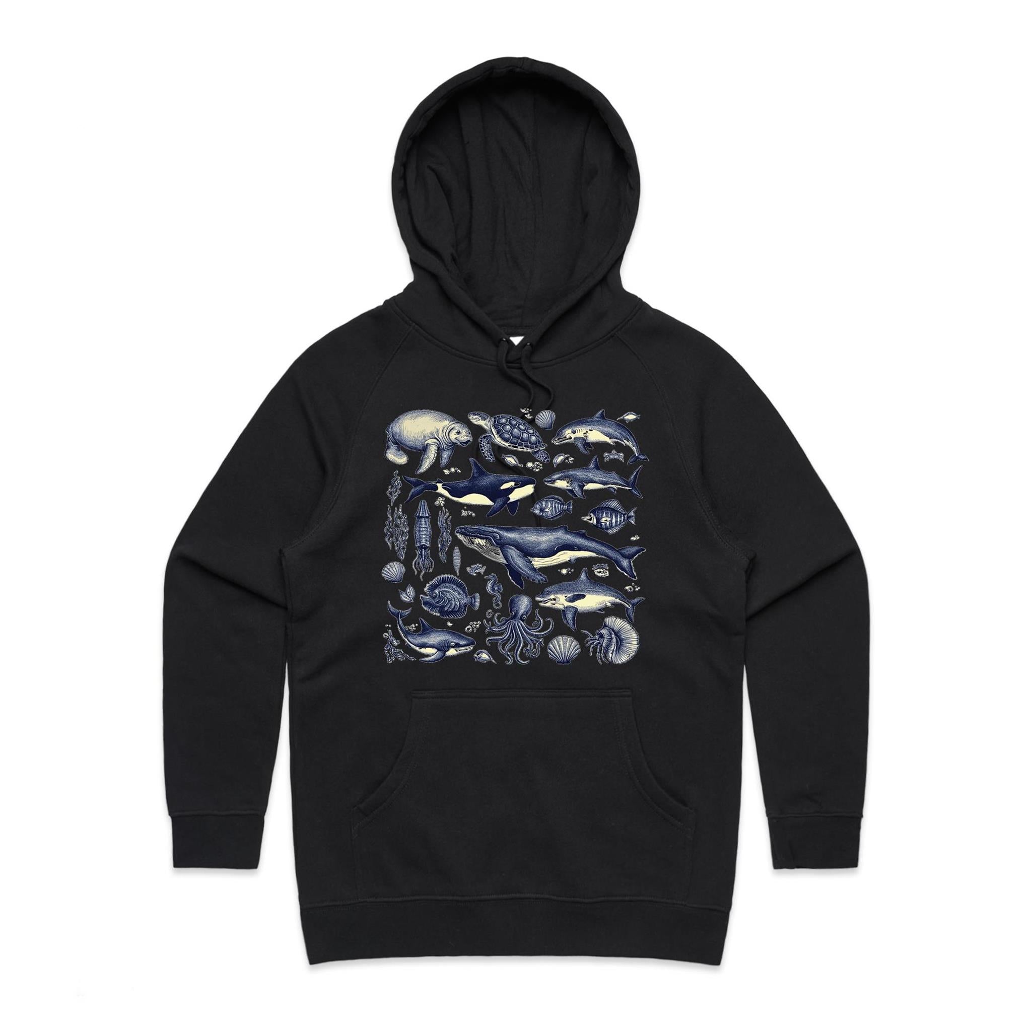 Sea Creatures - Womens Hoodie Black Womens Hoodie animal Printed In Australia