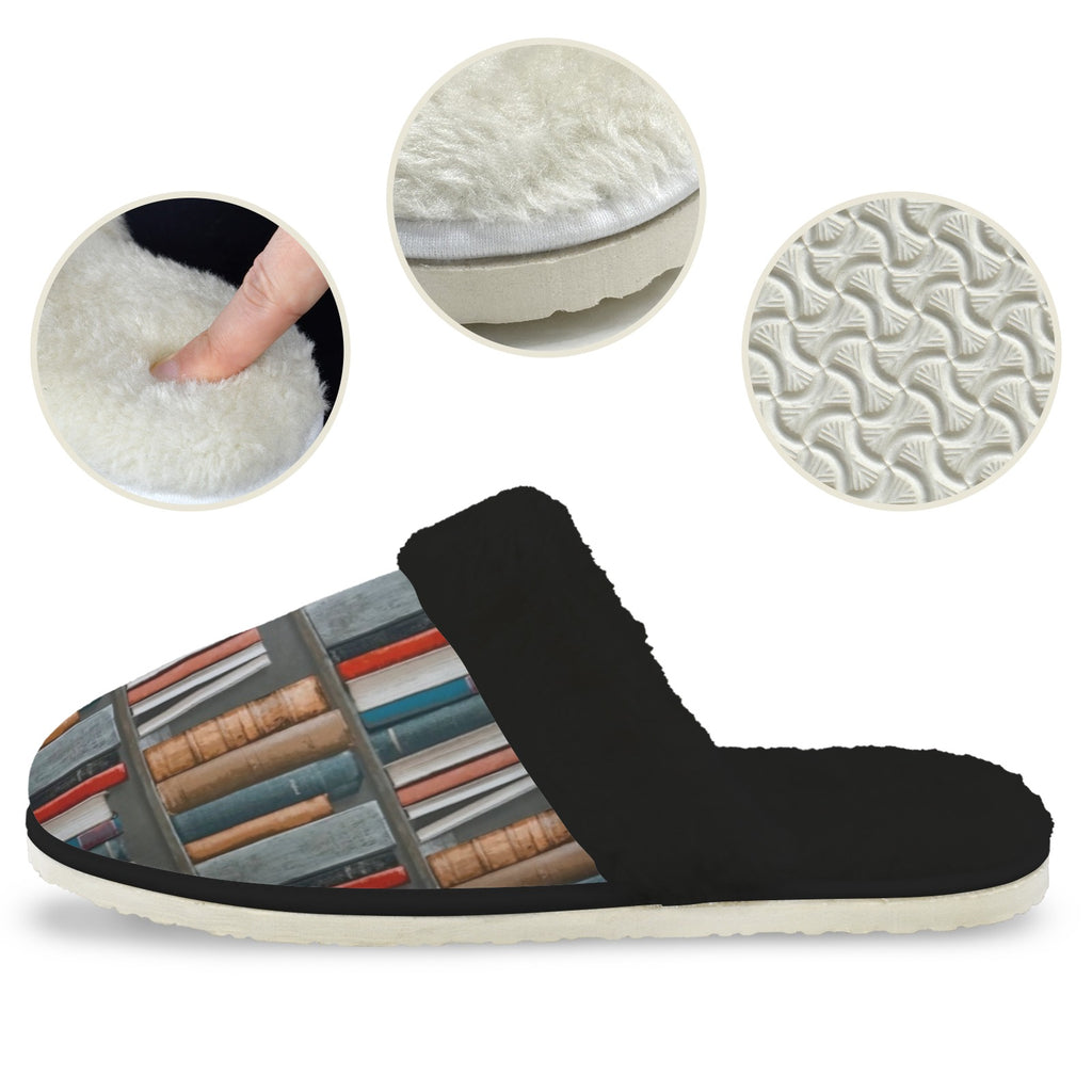 Books Men's Fur Trim Thick-Sole Indoor Slippers Men's Fur Trimmed Slippers Printed Offshore Reading