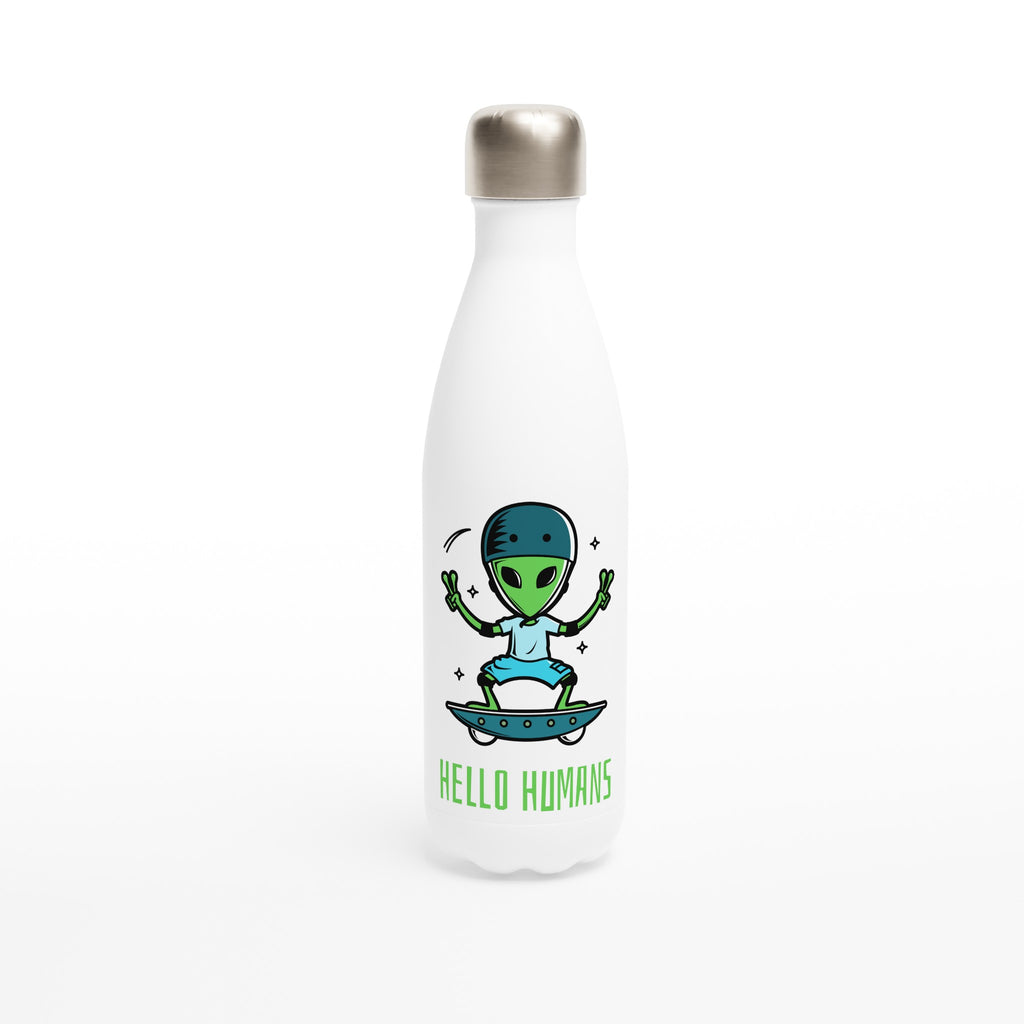 Alien Skateboard, Hello Humans - White 17oz Stainless Steel Water Bottle Default Title White Water Bottle Globally Fulfilled Sci Fi