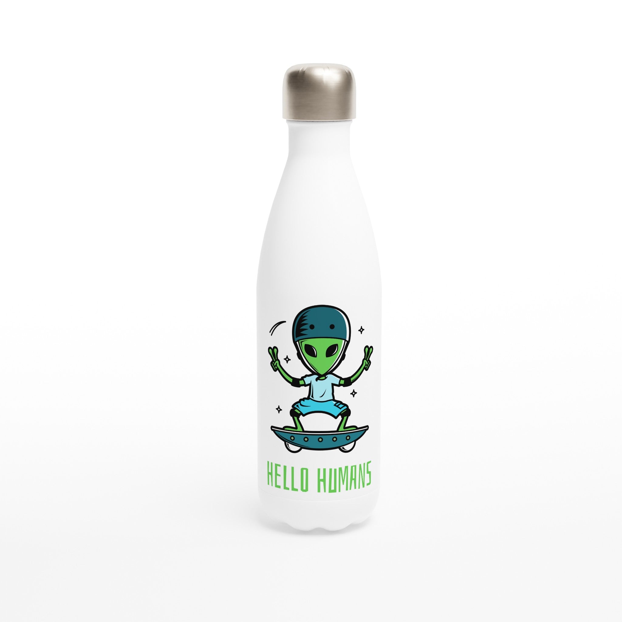Alien Skateboard, Hello Humans - White 17oz Stainless Steel Water Bottle Default Title White Water Bottle Globally Fulfilled Sci Fi