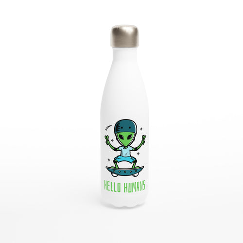 Alien Skateboard, Hello Humans - White 17oz Stainless Steel Water Bottle Default Title White Water Bottle Globally Fulfilled Sci Fi