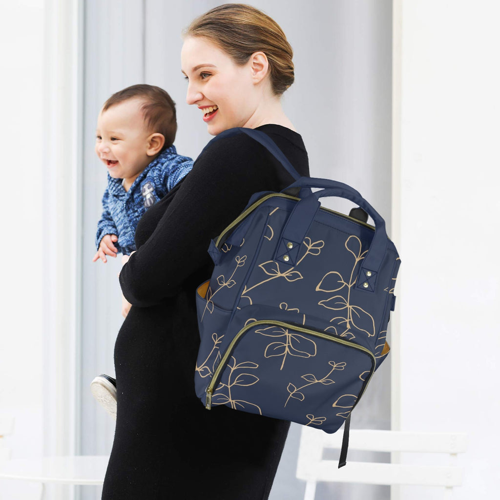 Gold Flowers On Navy - Multi-Function Backpack, Nappy / Diaper Bag
