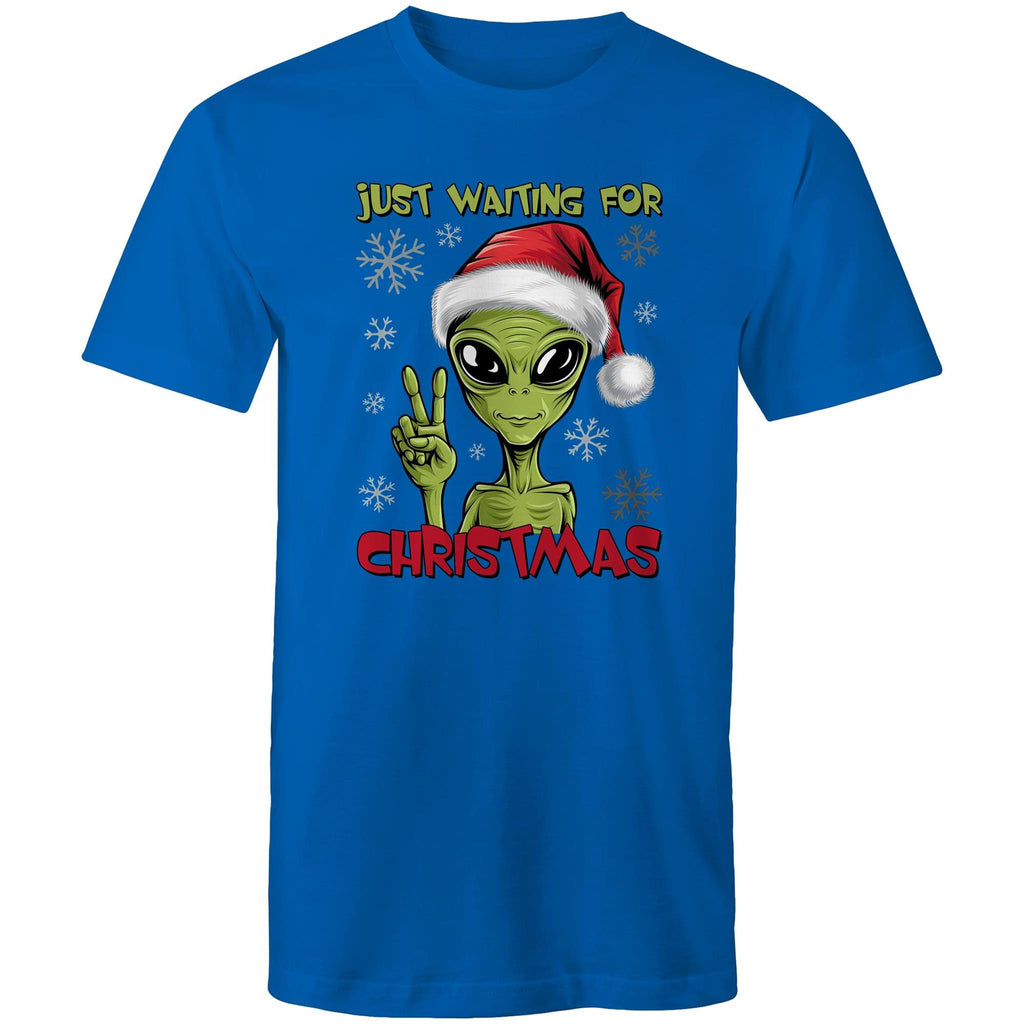 Just Waiting For Christmas, Alien - Mens T-Shirt Bright Royal Mens Christmas T-shirt Christmas Printed In Australia