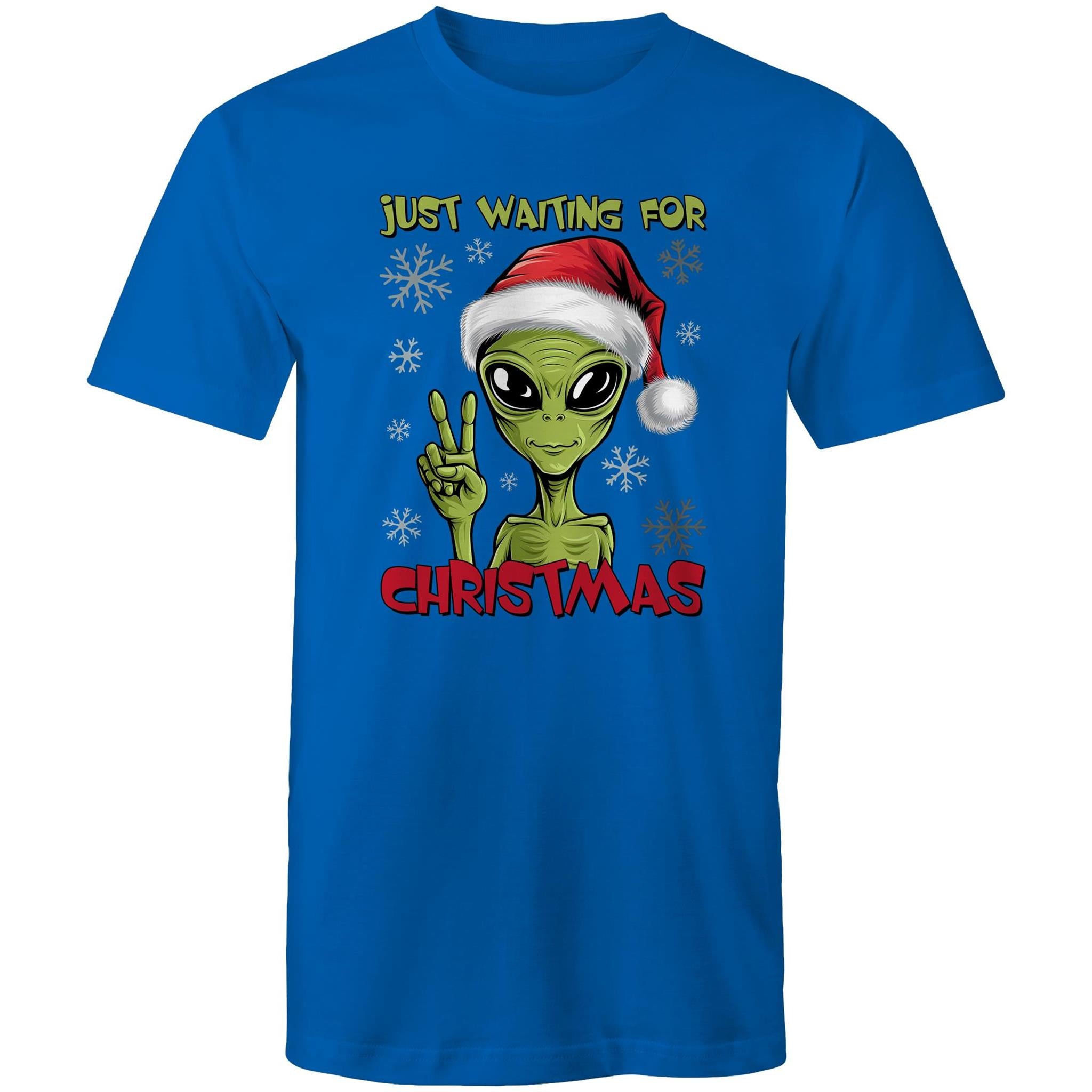 Just Waiting For Christmas, Alien - Mens T-Shirt Bright Royal Mens Christmas T-shirt Christmas Printed In Australia