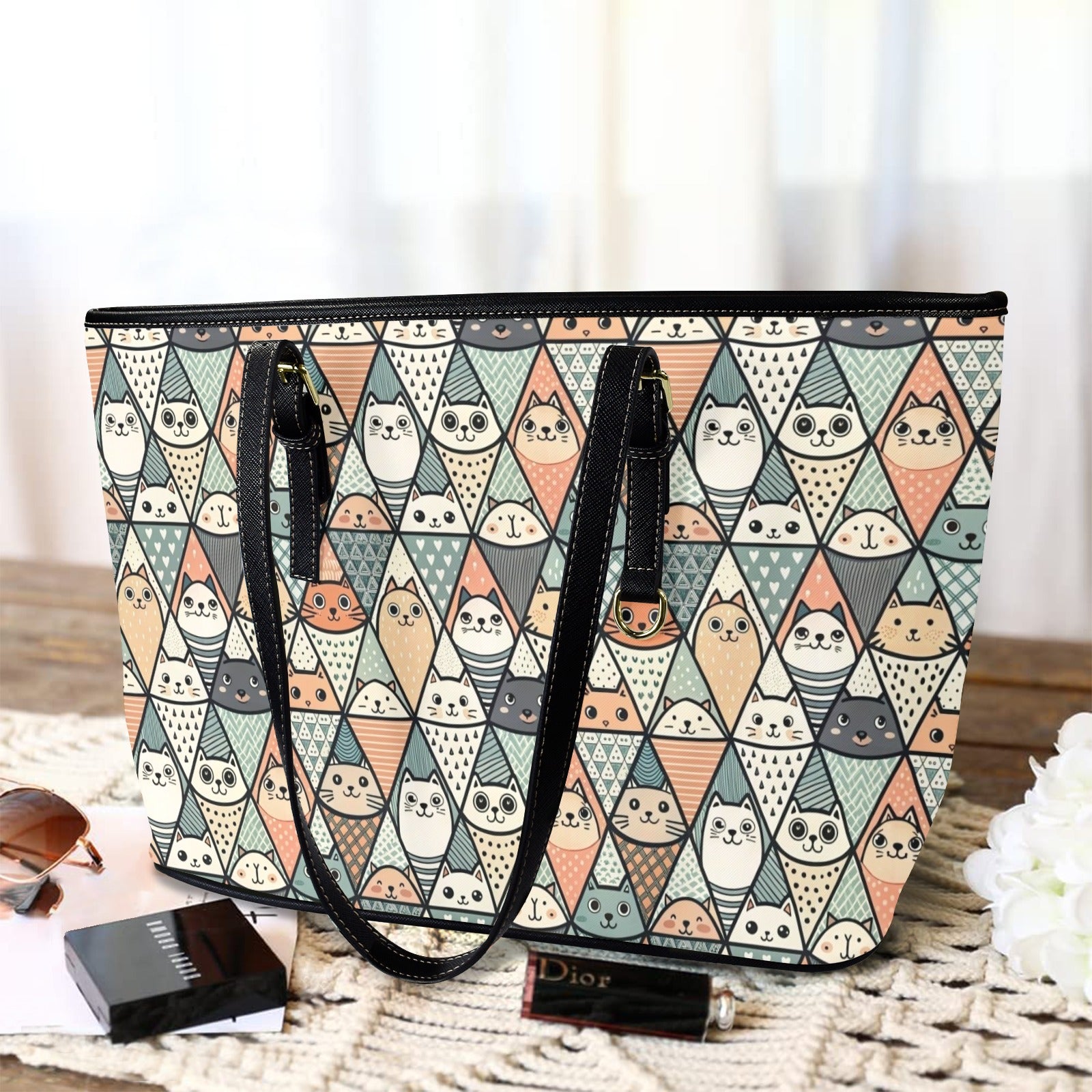 Diamond Cat Pattern - Leather Tote Bag-Large