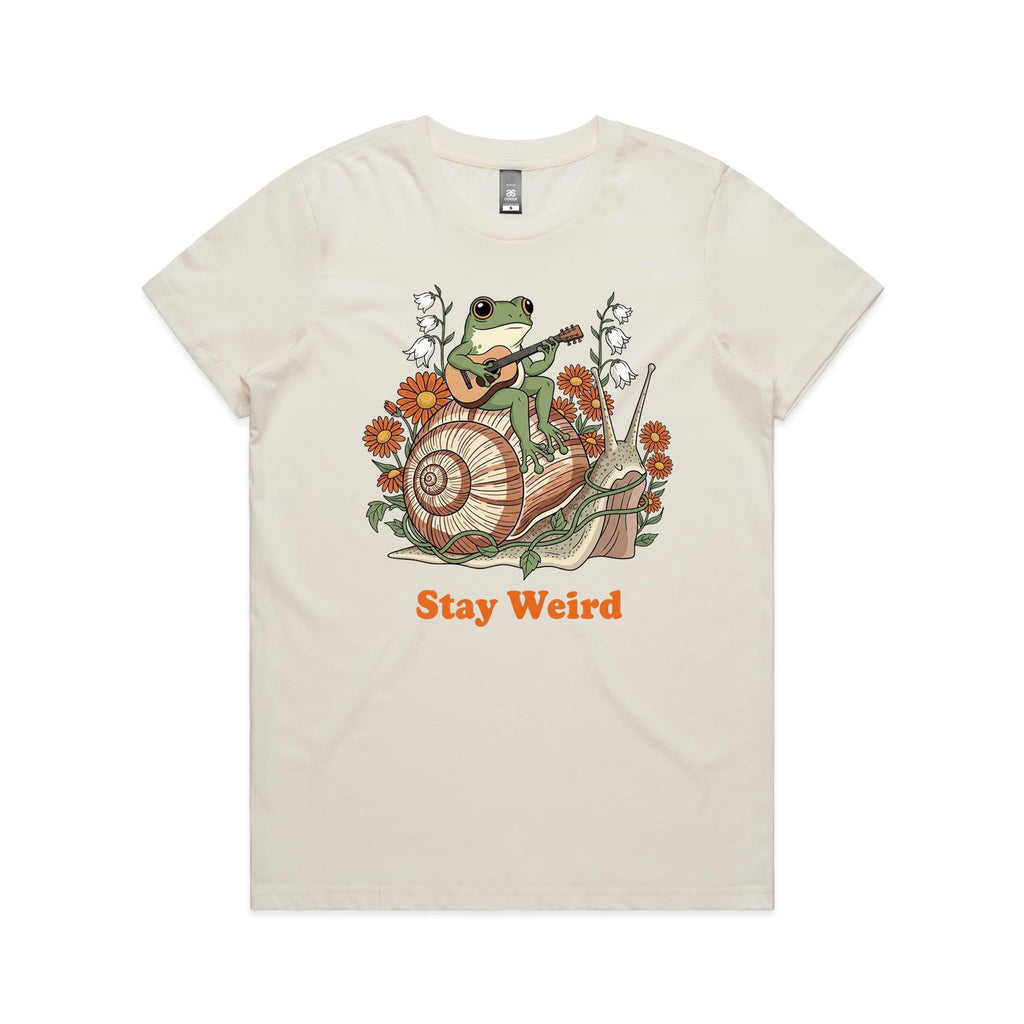Stay Weird, Guitar Playing Frog On A Snail Women's AS Colour T-shirt Natural Womens T-shirt animal Music Printed In Australia