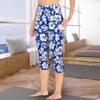 Blue Hawaiian Floral Women's High Waist Pocket Capri Yoga Leggings Women's High Waist Capri Yoga Leggings Plants Printed Offshore