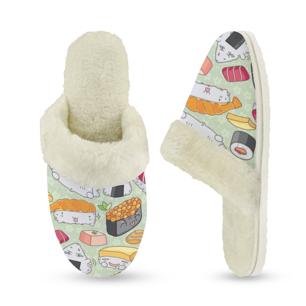 Happy Sushi Women's Fur Trim Thick-Sole Indoor Slippers Women's Fur Trimmed Slippers Food Printed Offshore
