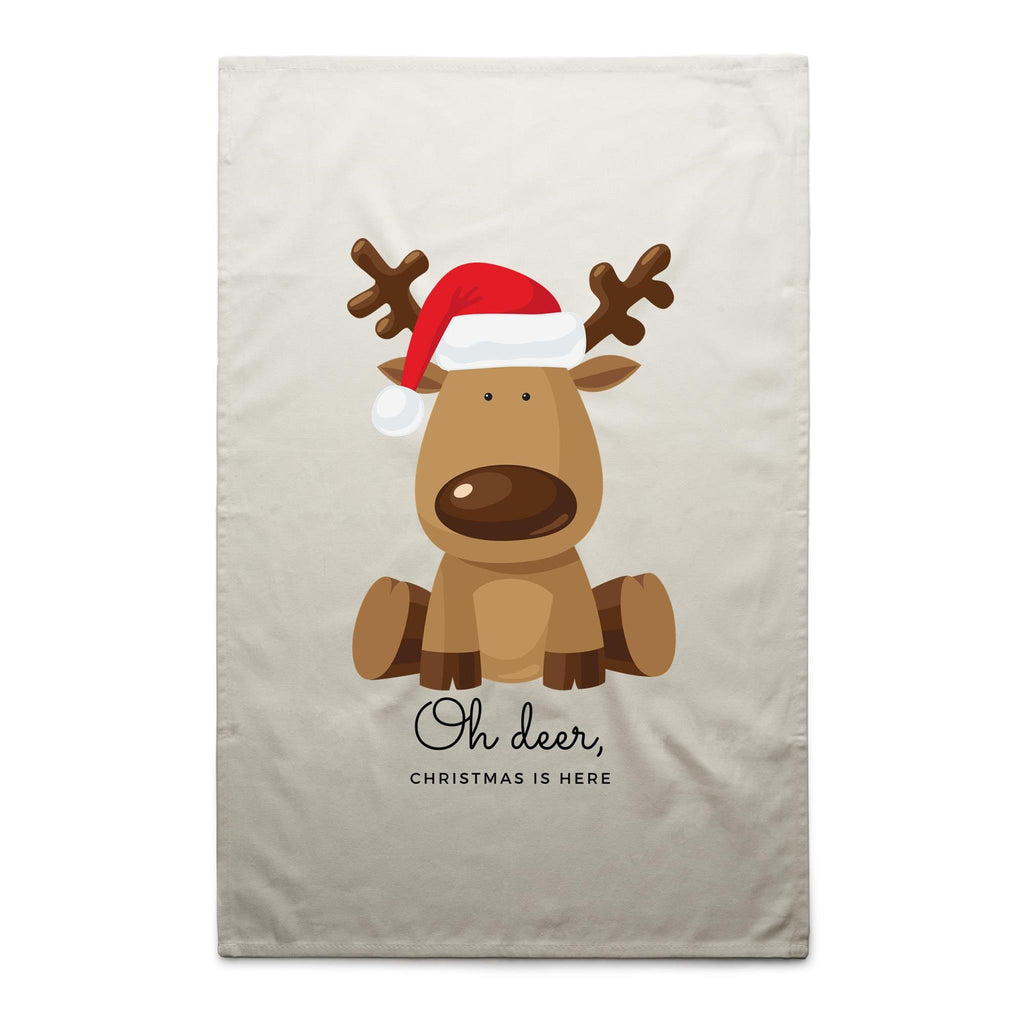 Oh Deer, Christmas Is Here, Reindeer - AS Colour Tea Towel Cream One Size Christmas Tea Towel Christmas Printed In Australia