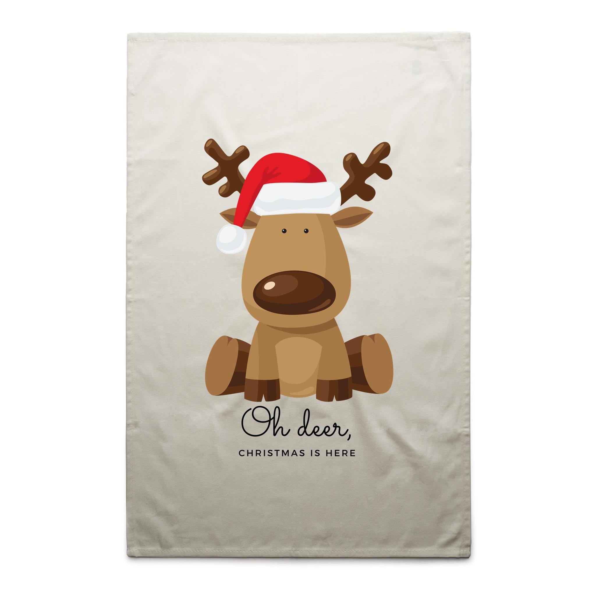Oh Deer, Christmas Is Here, Reindeer - AS Colour Tea Towel Cream One Size Christmas Tea Towel Christmas Printed In Australia