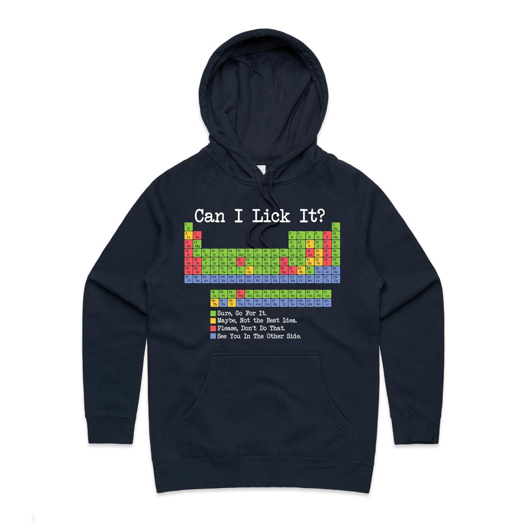 Periodic Table, Can I Lick It Women's AS Colour Hoodie Navy Womens Hoodie Printed In Australia Science