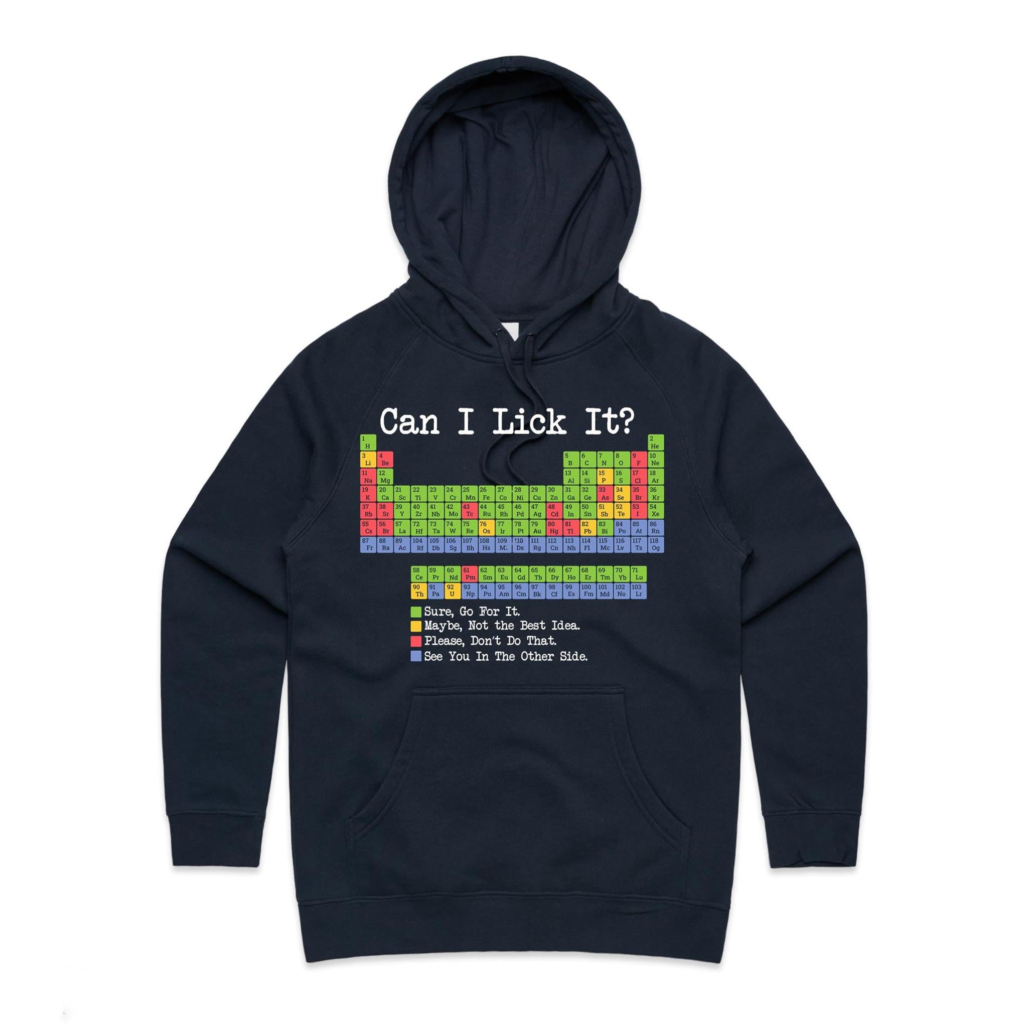 Periodic Table, Can I Lick It Women's AS Colour Hoodie Navy Womens Hoodie Printed In Australia Science