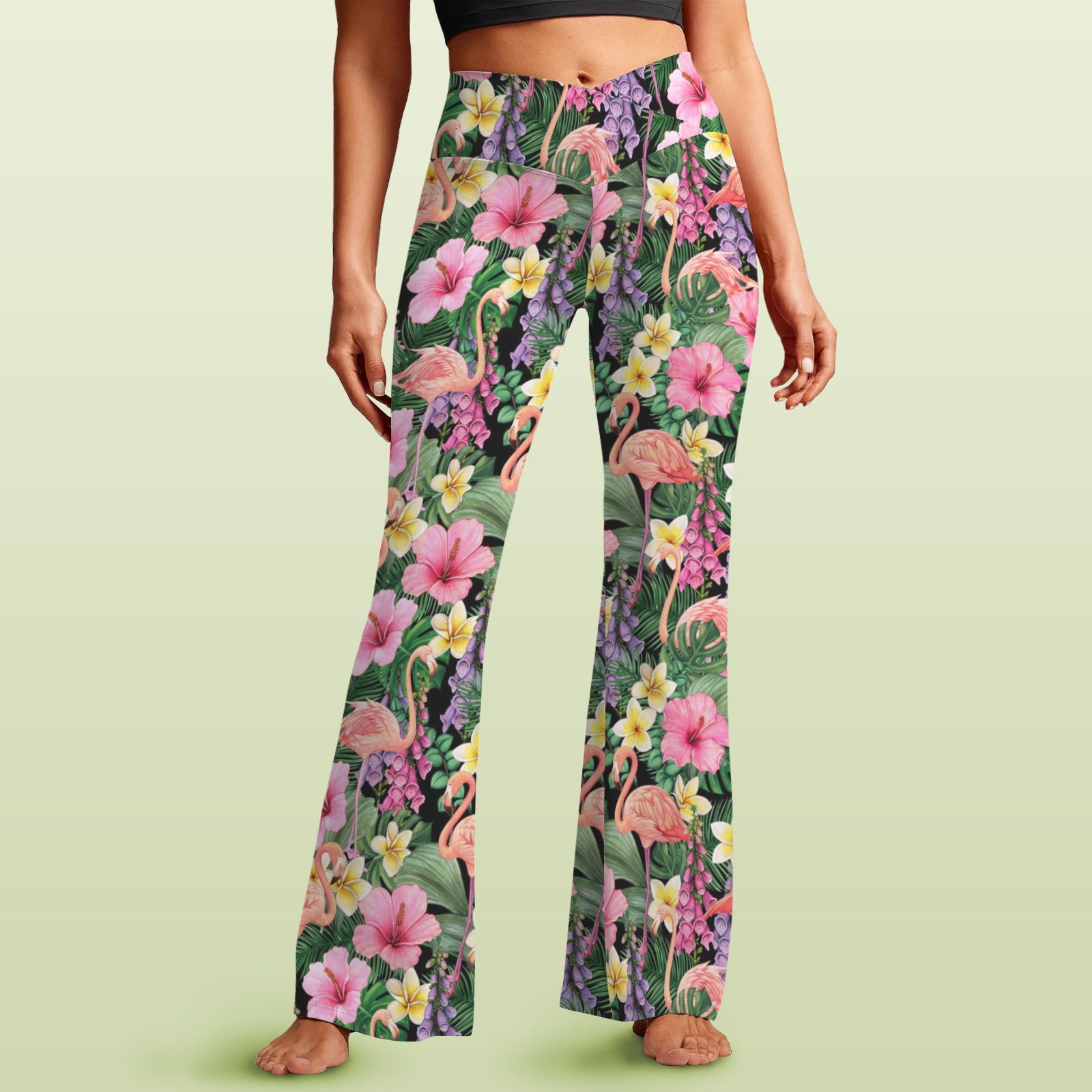 Flamingo Jungle High Waist Crossover Tummy Control Flare Leggings 5XL High Waist Flare Leggings animal Printed Offshore
