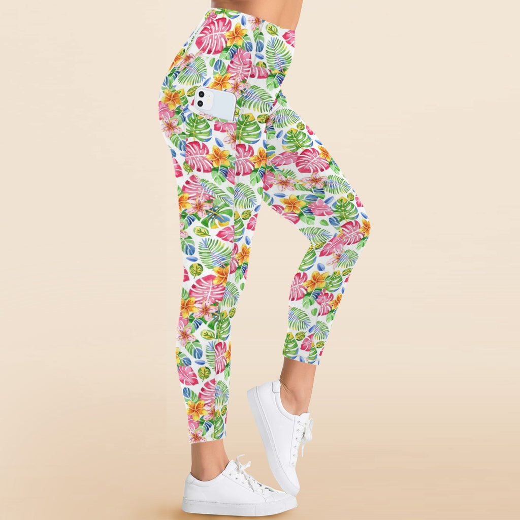 Bright Painted Tropical Women's High Waist Pockets Yoga Leggings