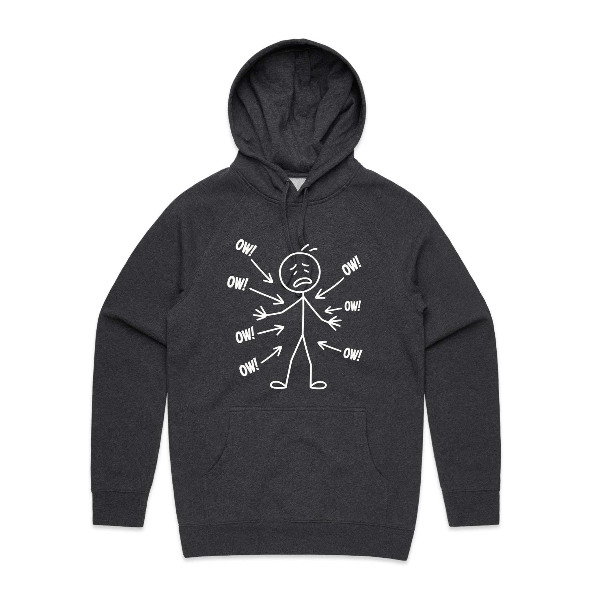 Ow! Everything Hurts Stick Figure Men's AS Colour Hoodie Asphalt Marle Mens Hoodie Printed In Australia
