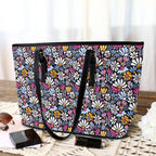 Graphic Flowers On Black PU Leather Tote Bag Large Leather Tote Bag-Large Plants Printed Offshore