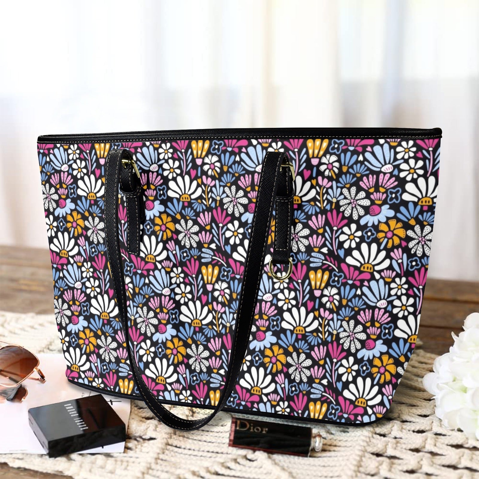 Graphic Flowers On Black - PU Leather Tote Bag - Large