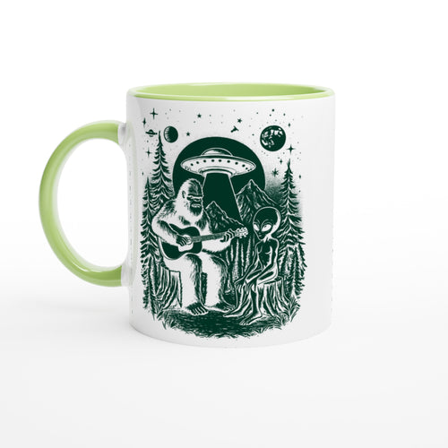 Alien And Bigfoot Play Guitar - White 11oz Ceramic Mug with Color Inside Ceramic Green Colour 11oz Mug Globally Fulfilled Music Sci Fi