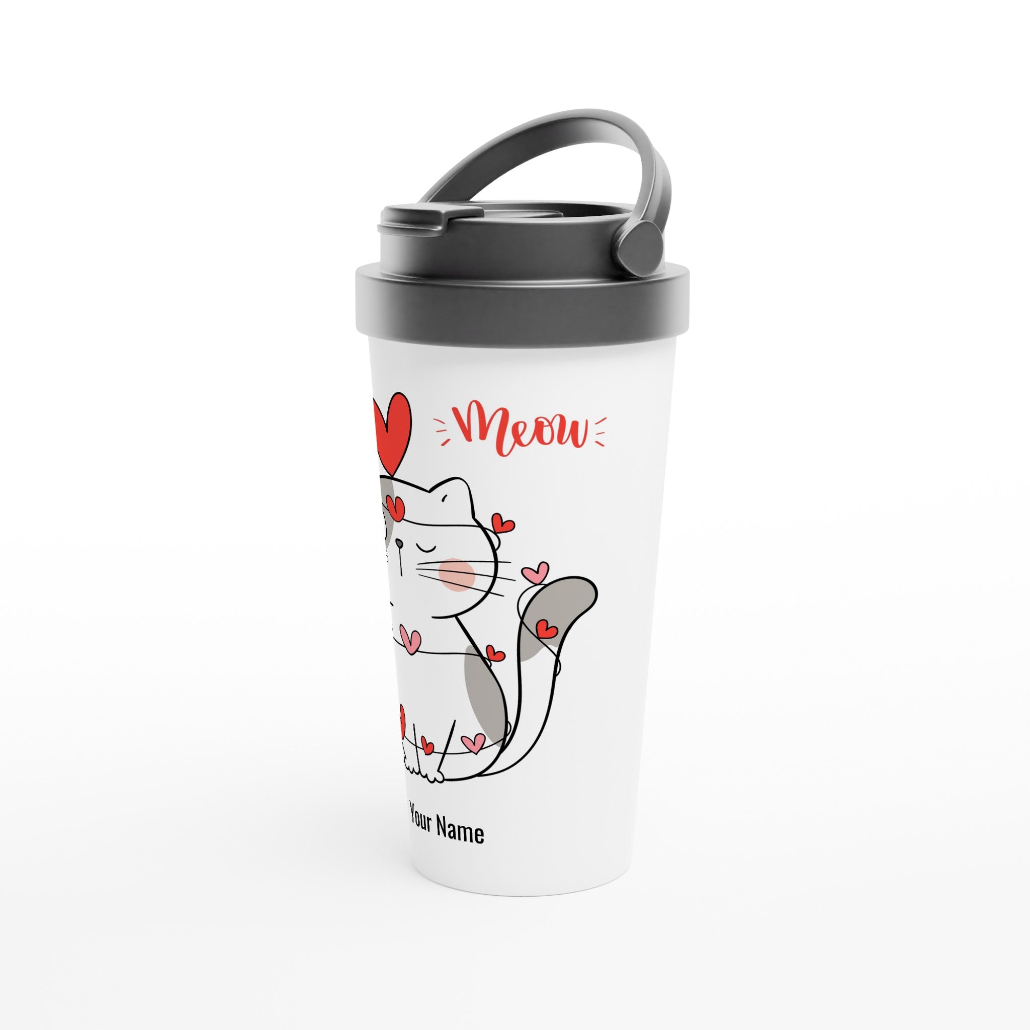 Personalised - Cat Heart Meow - White 15oz Stainless Steel Travel Mug Personalised Travel Mug animal customise Globally Fulfilled Love personalise