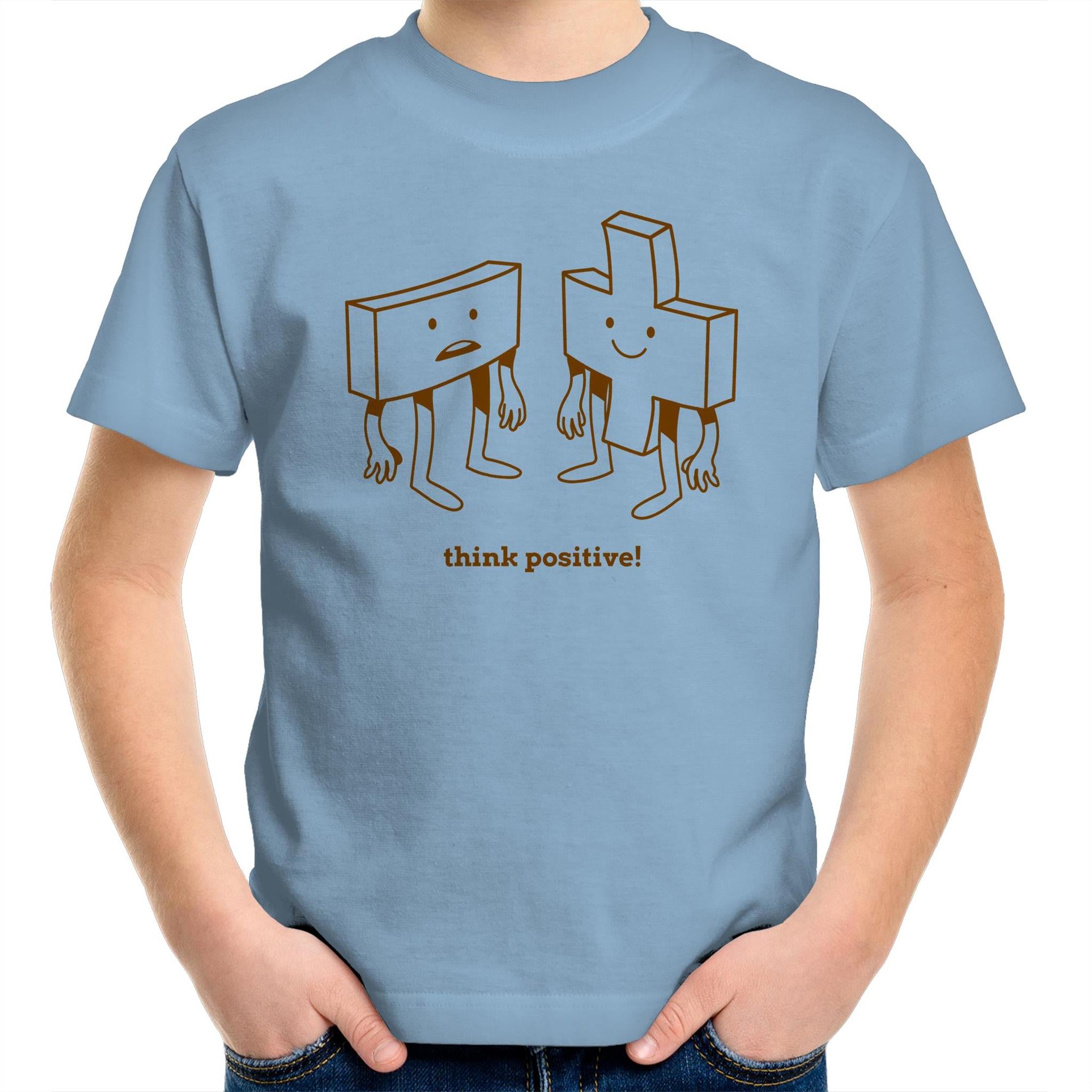 Think Positive, Maths - Kids Youth T-Shirt Carolina Blue Kids Youth T-shirt Maths Positivity Printed In Australia