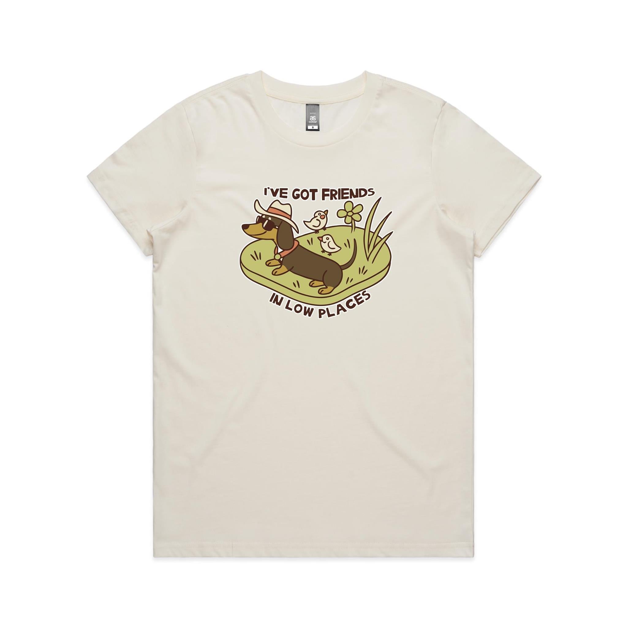 Dachshund, I've Got Friends In Low Places Women's AS Colour T-shirt Natural Womens T-shirt animal Printed In Australia