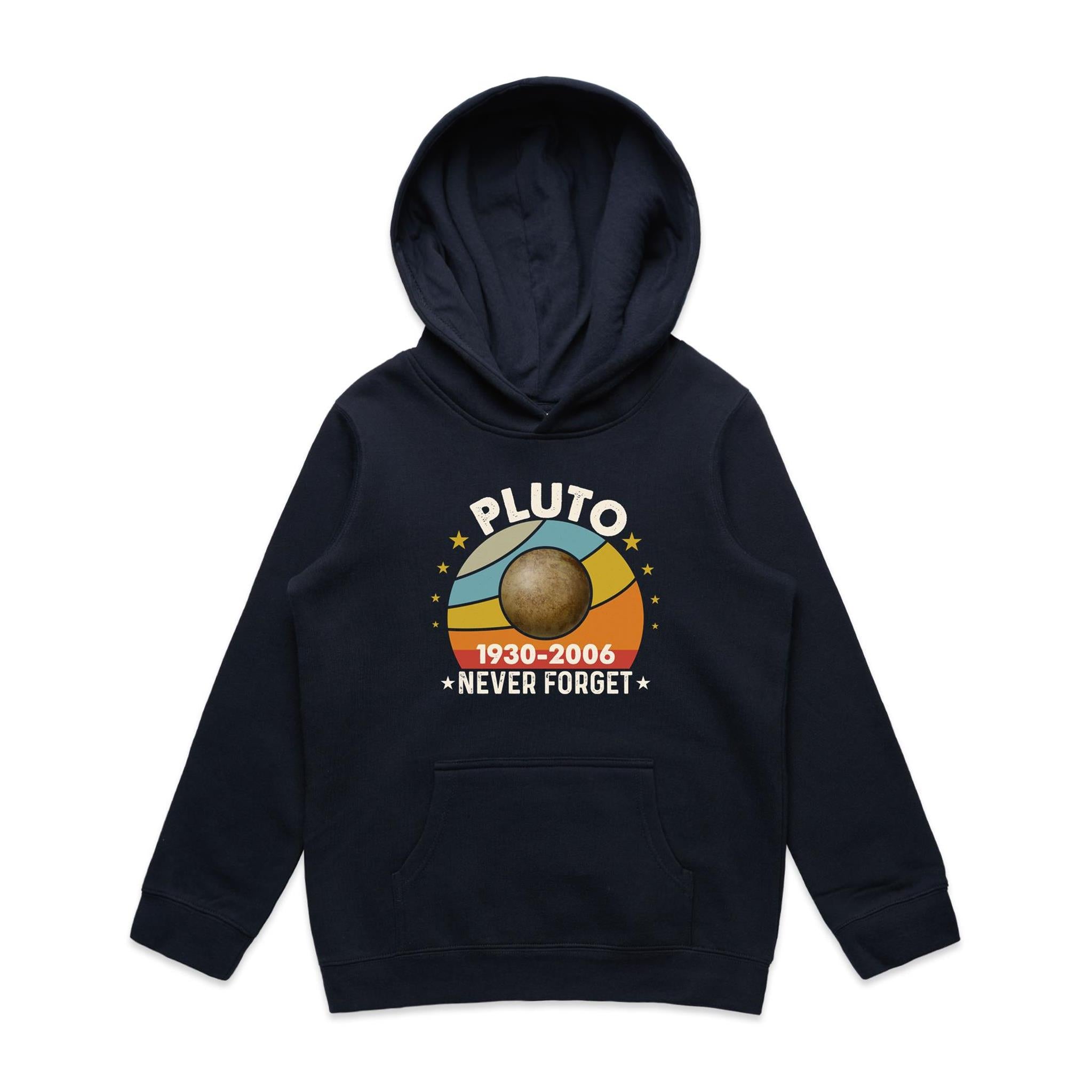 Never Forget Pluto - Kids Hoodie Navy Kids Hoodie Printed In Australia Space