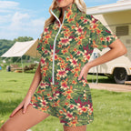 Vintage Hawaiian Floral Women's Windbreaker Short Set Women's Windbreaker Short Set Plants Printed Offshore