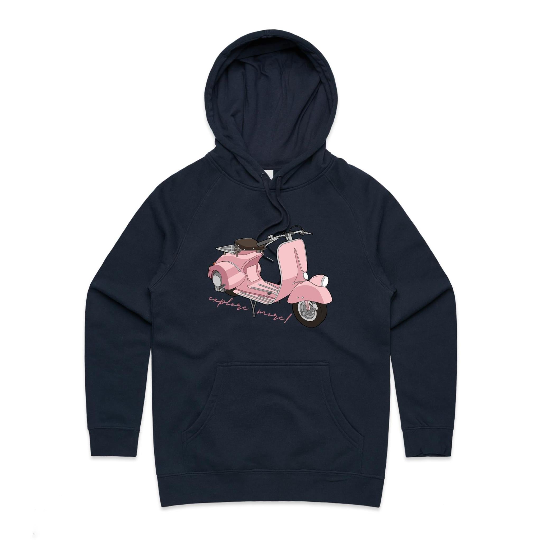 Explore More - Womens Hoodie Navy Womens Hoodie Printed In Australia