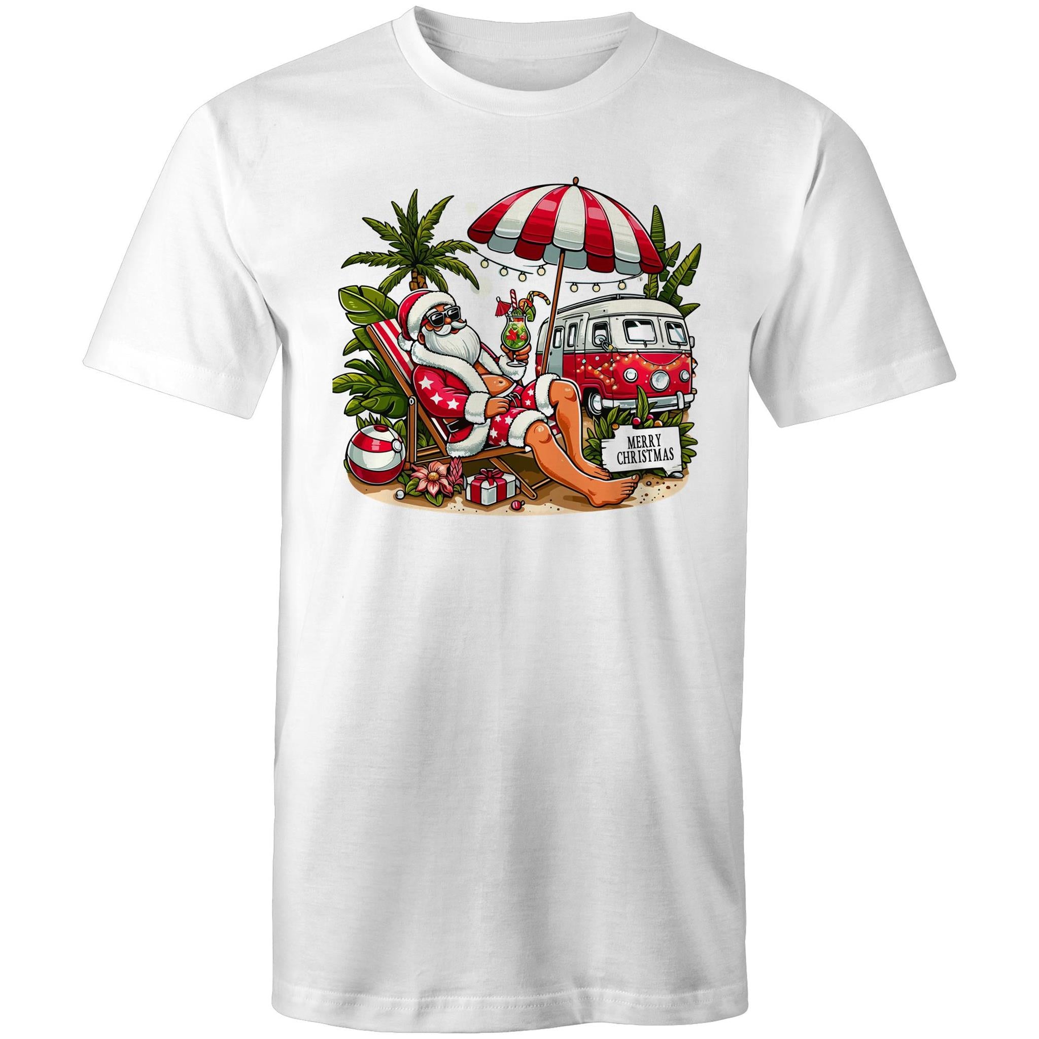 Santa By The Beach - Mens T-Shirt White Mens Christmas T-shirt Christmas Printed In Australia