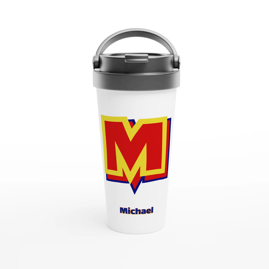 Personalised - Super Hero Initial - White 15oz Stainless Steel Travel Mug Default Title Personalised Travel Mug Customise Globally Fulfilled Initial Name Personalise