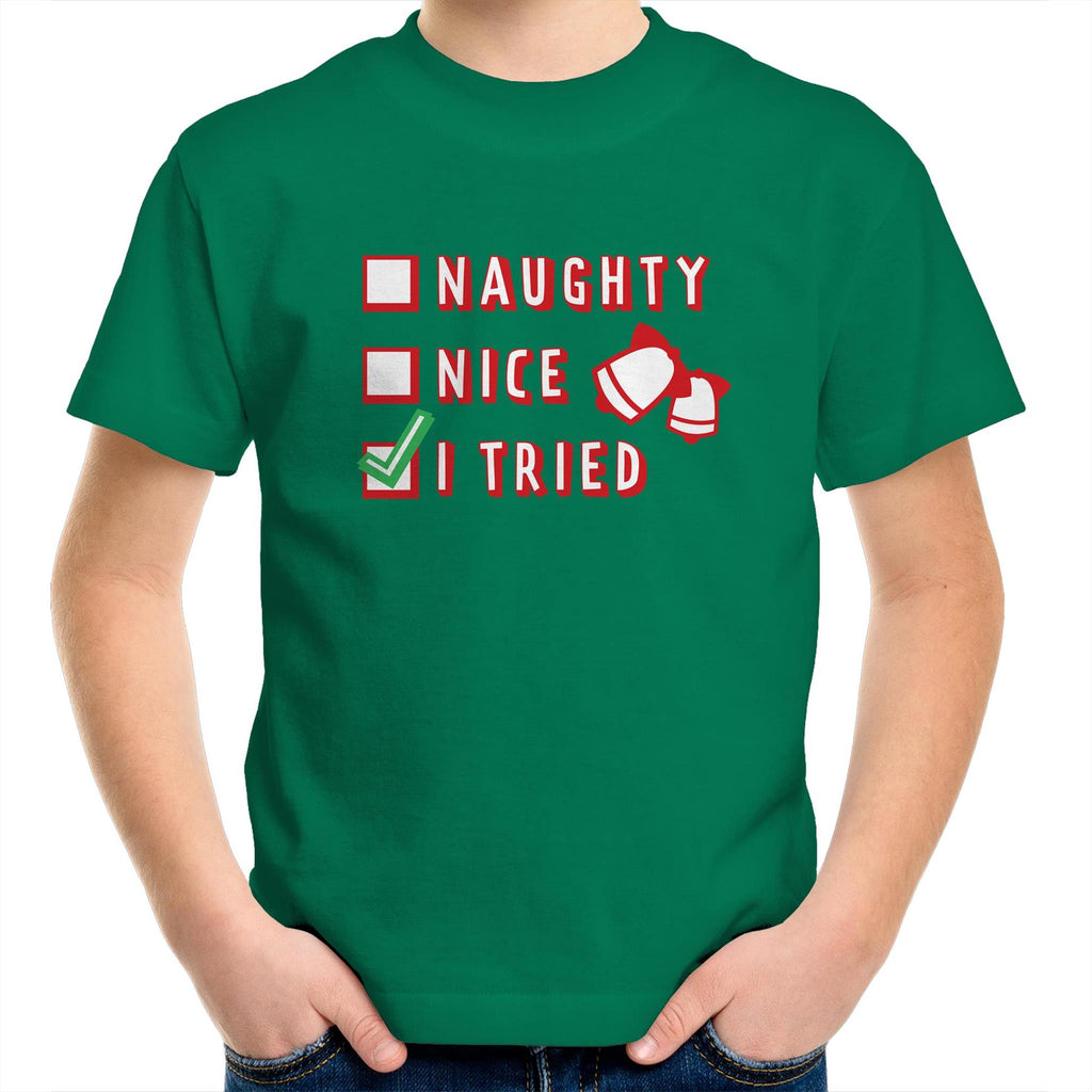 Naughty, Nice, I Tried, Santa's Christmas List - Kids Youth T-Shirt Kelly Green Kids Christmas T-shirt Christmas Printed In Australia