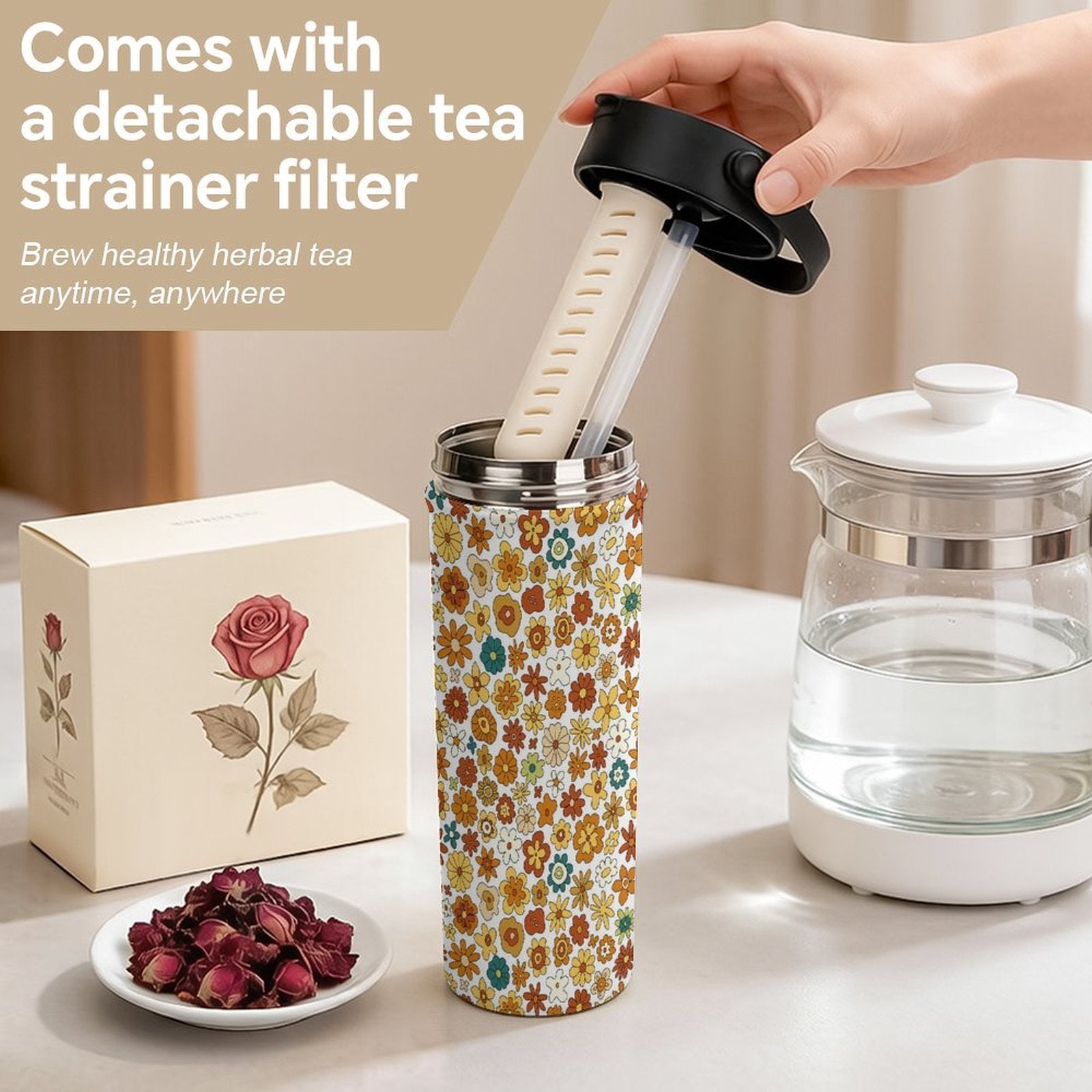 70's Style Floral 20oz Tea Tumbler with Carry Handle