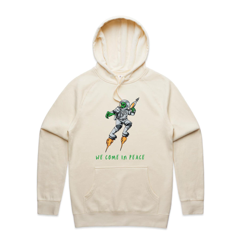 Alien Invasion, We Come In Peace - Mens Hoodie Ecru Mens Hoodie Printed In Australia Sci Fi