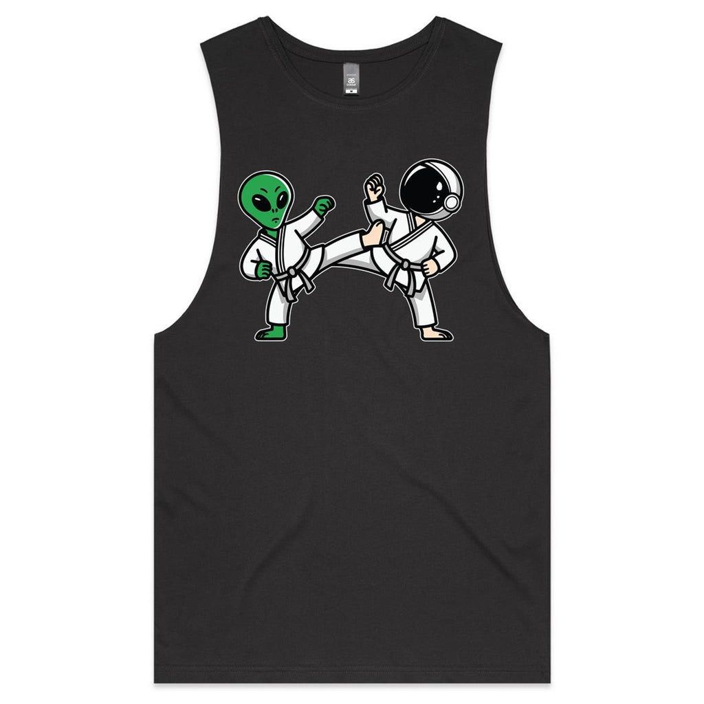 Alien And Astronaut Karate - Tank Top Tee Coal Drop Arm Tank Top Fitness Printed In Australia