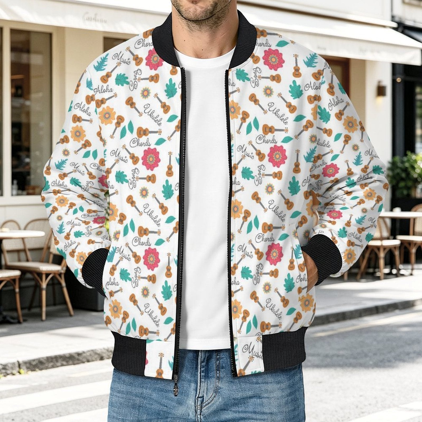 Ukulele Men's Casual Zip‑Up Bomber Jacket