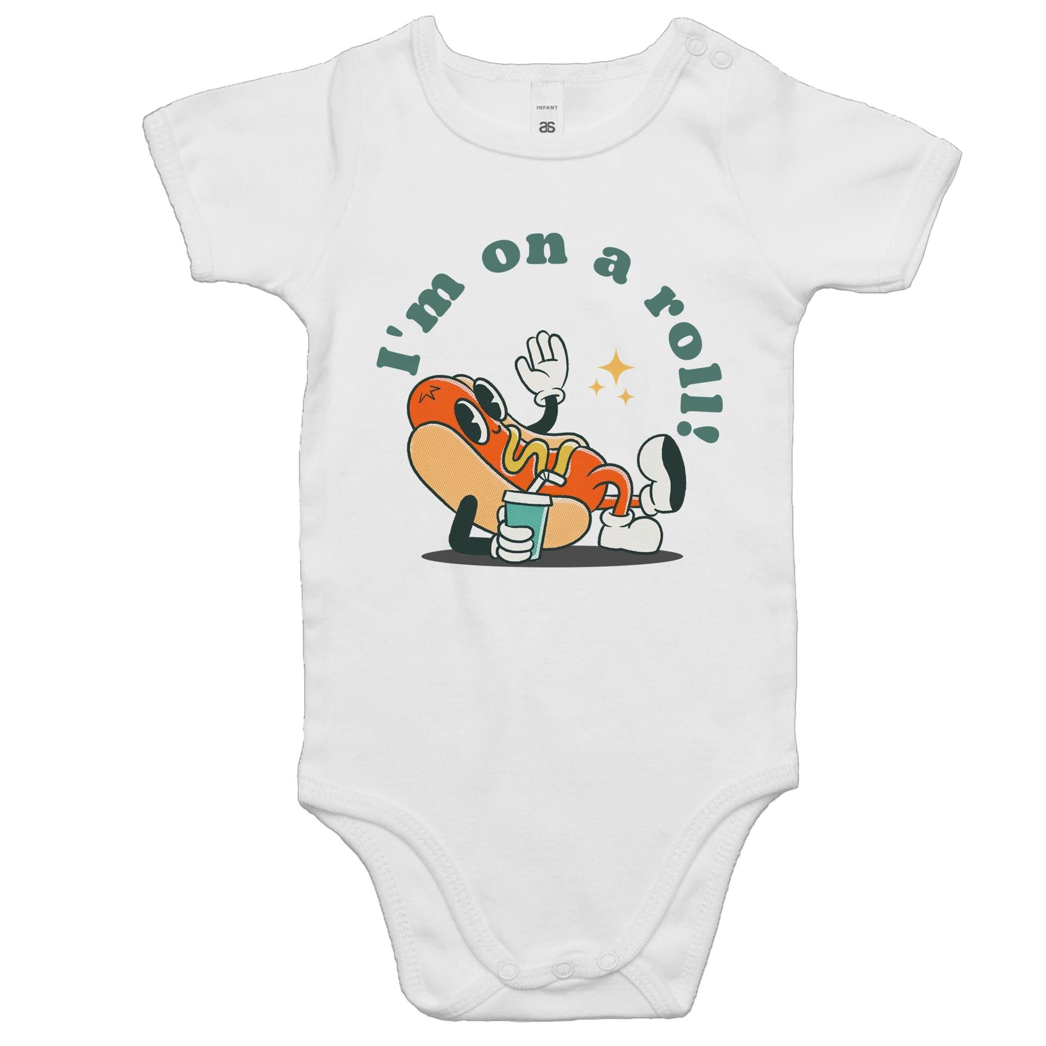 Hotdog, I'm On A Roll - Baby Bodysuit White Baby Bodysuit Printed In Australia